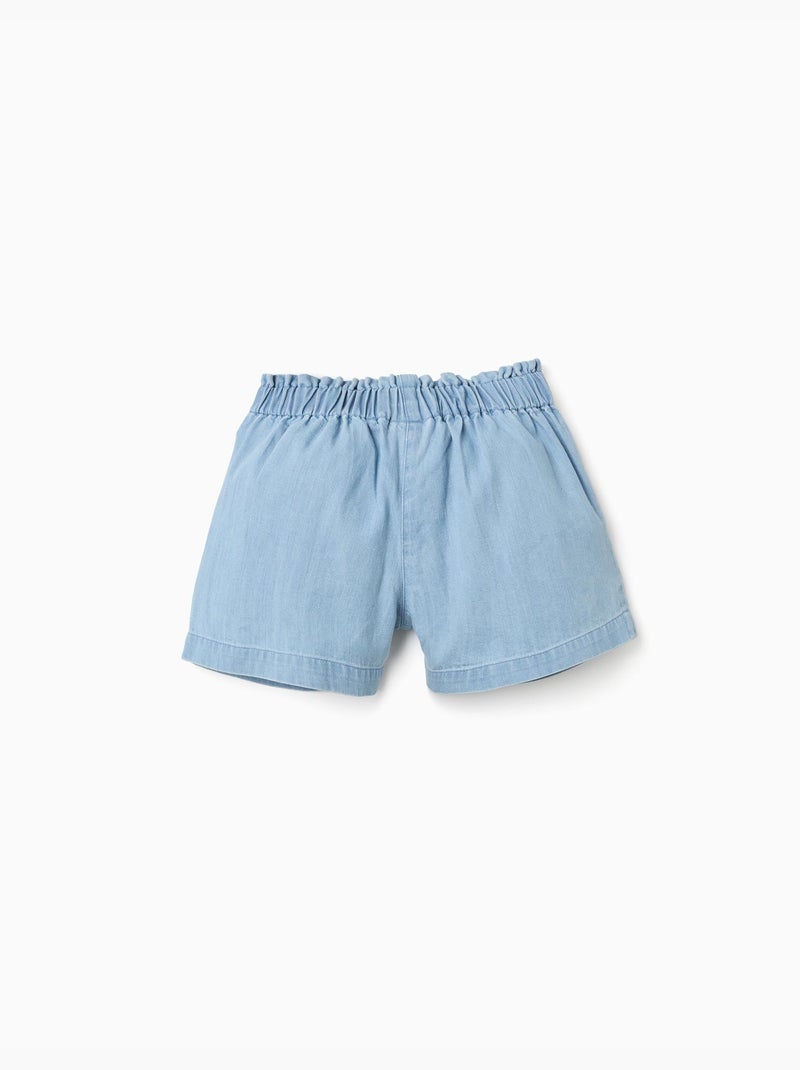 Short en jean avec ceinture fleurie et taille paperbag Bleu clair - Kiabi