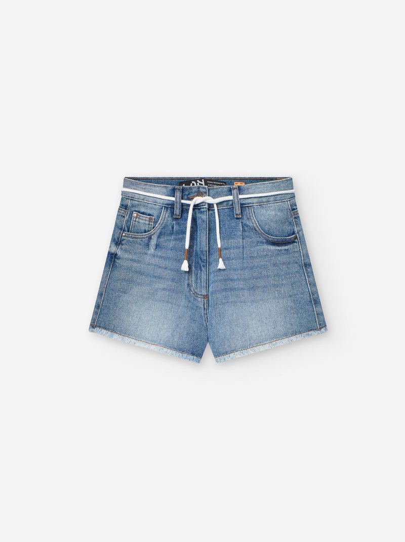 Short en Jean avec Cordon et Ourlets Effilochés Bleu - Kiabi