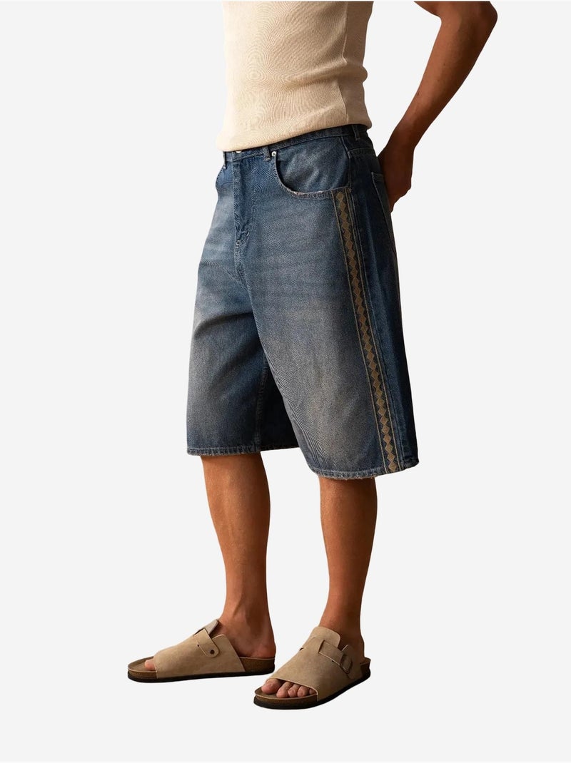 Short en jean brodé à rayures pour homme giesto Bleu clair - Kiabi
