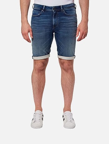 Short en jean en coton indigo uni avec une coupe droite et 5 poches