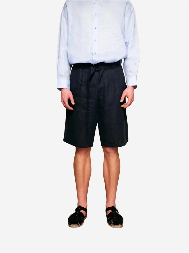 Short en lin à jambe large et ceinture giesto Bleu marine - Kiabi