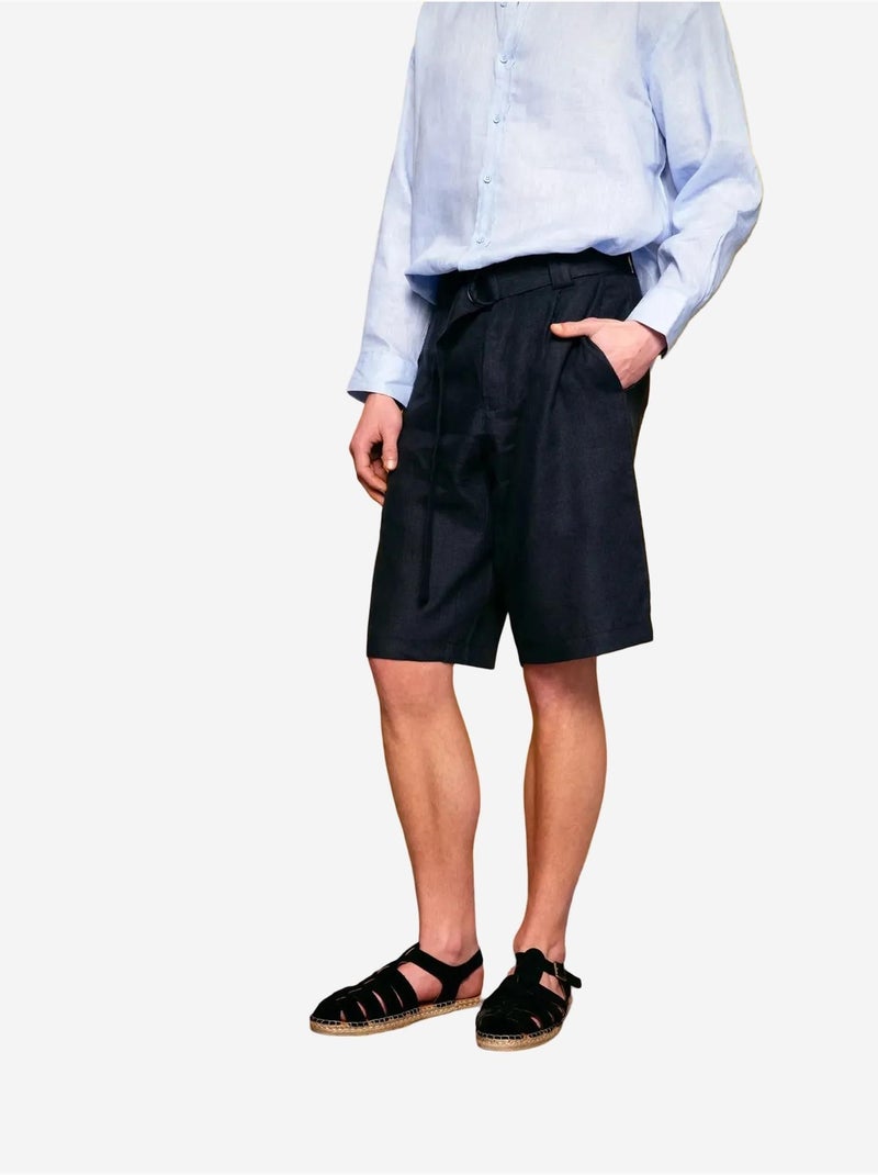 Short en lin à jambe large et ceinture giesto Bleu marine - Kiabi