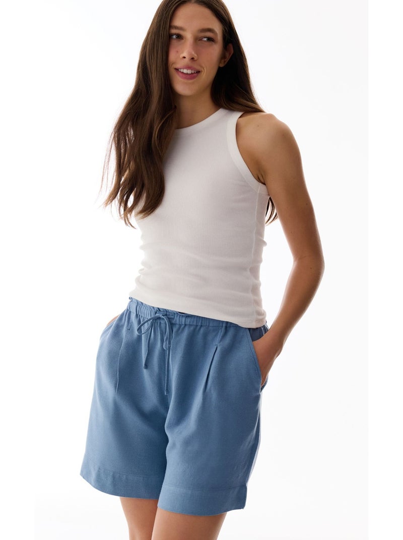Short en lin à plis et taille haute penti Bleu - Kiabi