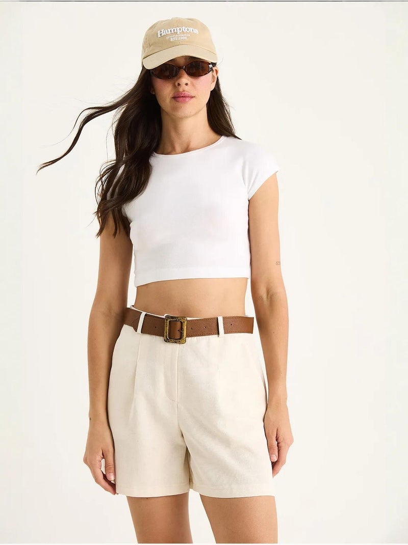 Short en lin fin avec ceinture et poches bianco lucci Beige argile - Kiabi