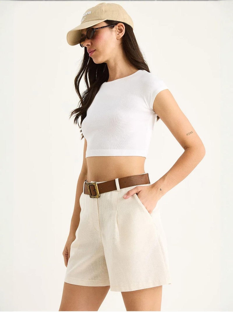 Short en lin fin avec ceinture et poches bianco lucci Beige argile - Kiabi