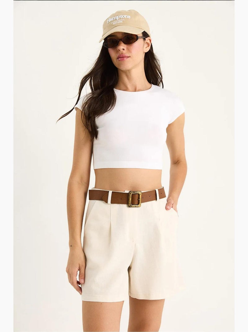 Short en lin fin avec ceinture et poches lucci Beige argile - Kiabi