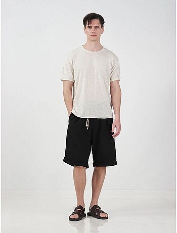 Short en lin giesto mi-haut à jambes larges et poches