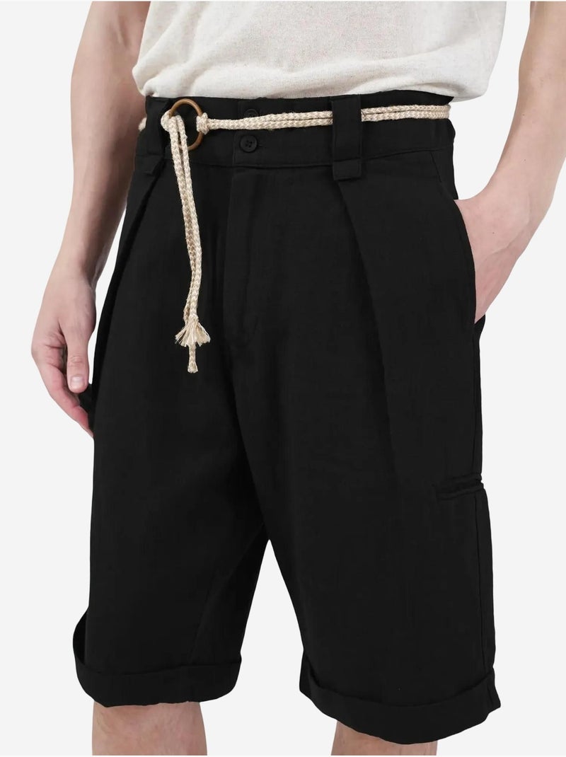 Short en lin giesto mi-haut à jambes larges et poches Noir - Kiabi