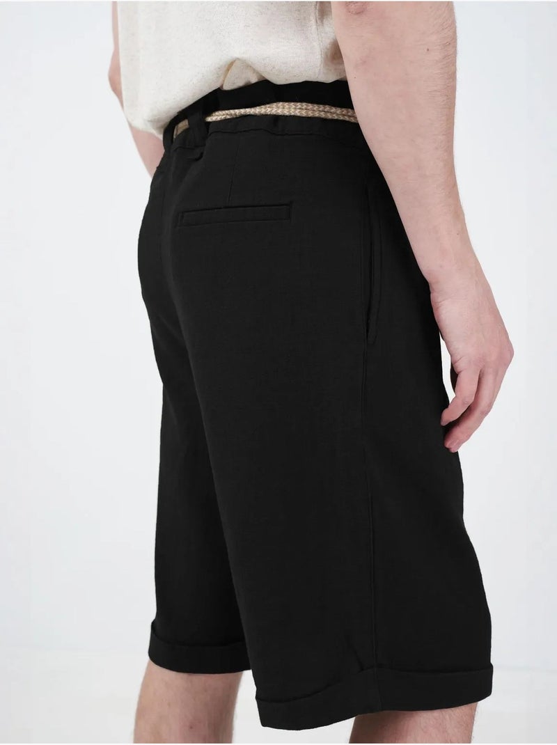 Short en lin giesto mi-haut à jambes larges et poches Noir - Kiabi