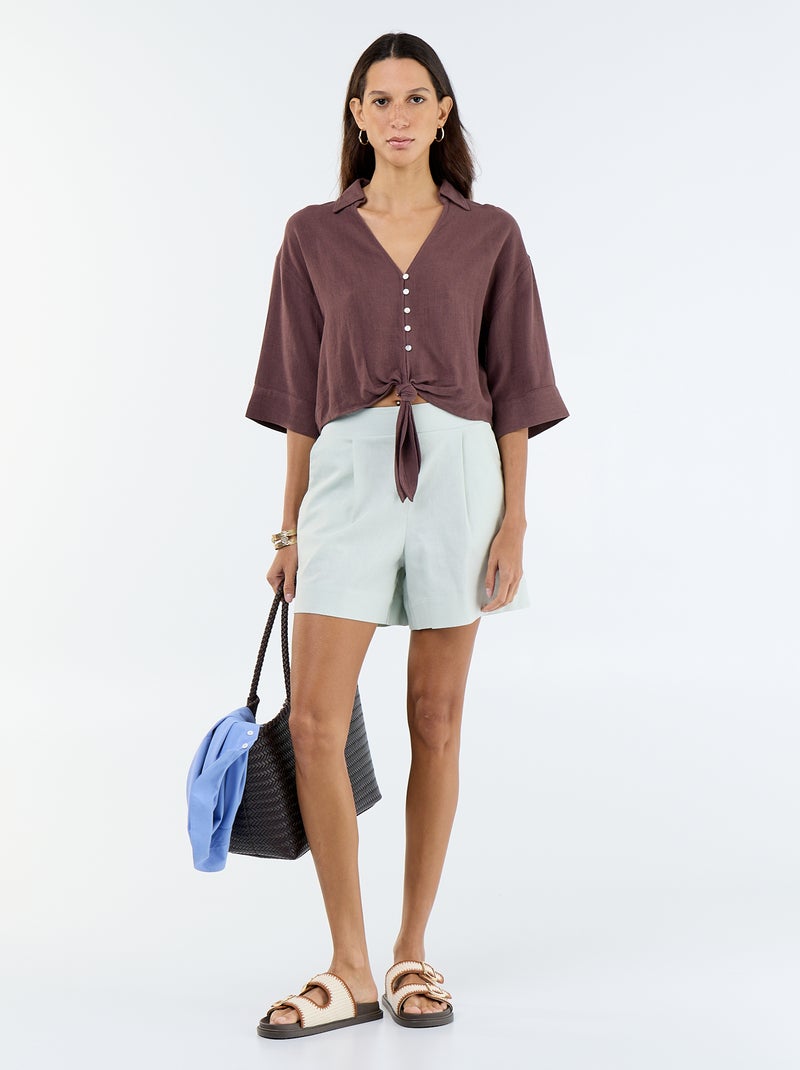Short en lin mélangé uni Bleu - Kiabi
