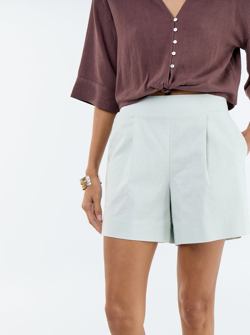 Short en lin mélangé uni Bleu - Kiabi