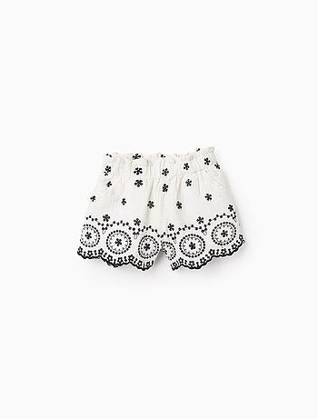 Short en Mousseline de Coton avec Broderies