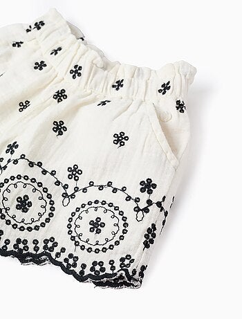 Short en Mousseline de Coton avec Broderies