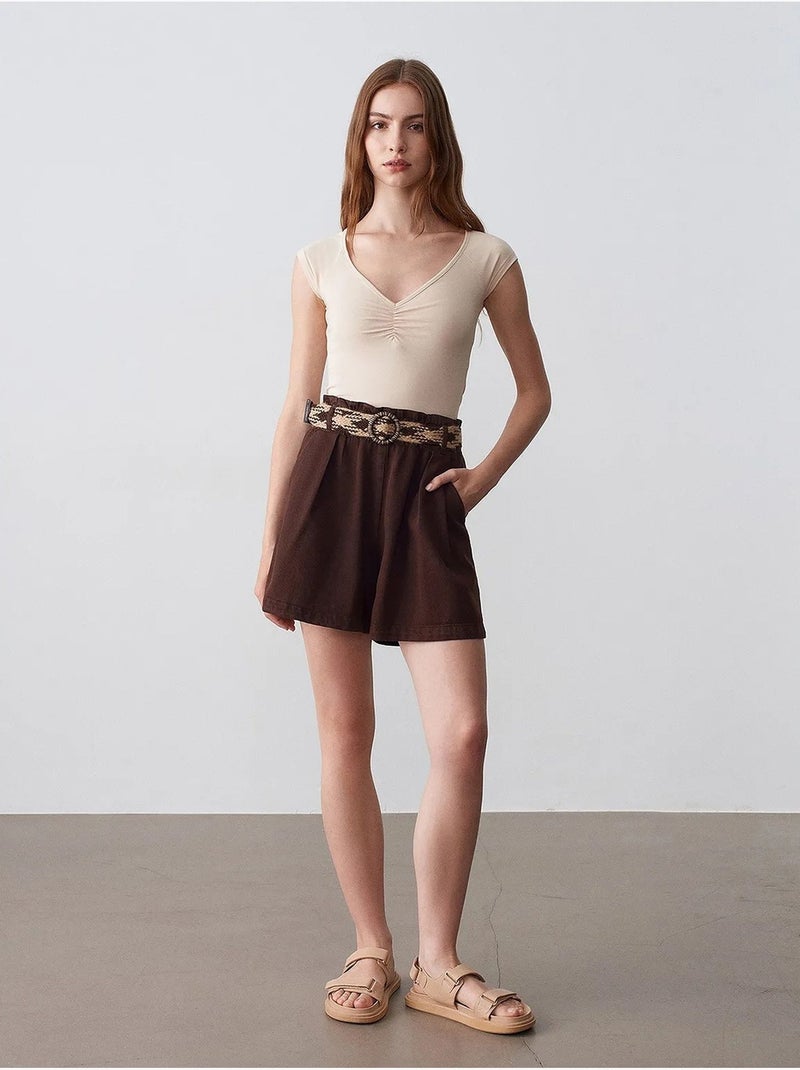 Short en popeline à taille haute et ceinture dilvin Marron - Kiabi