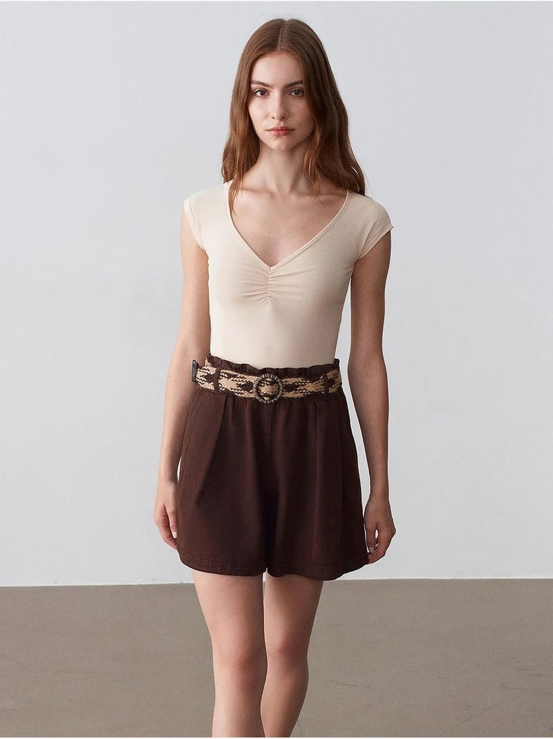 Short en popeline à taille haute et ceinture dilvin Marron - Kiabi