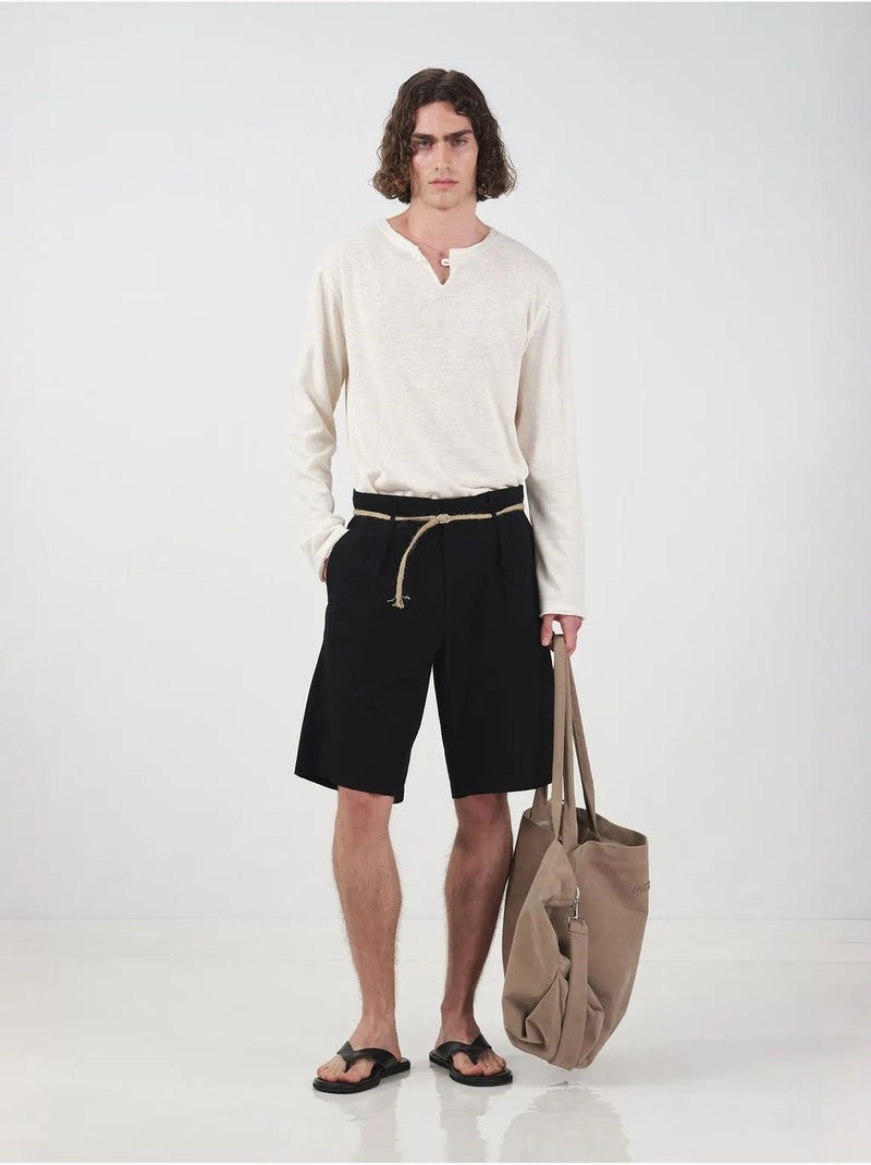 Short en popeline taille mi-haute, coupe décontractée et ceinture giesto Noir - Kiabi