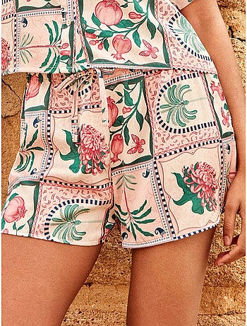Short en satin imprimé mosaïque florale tropicale