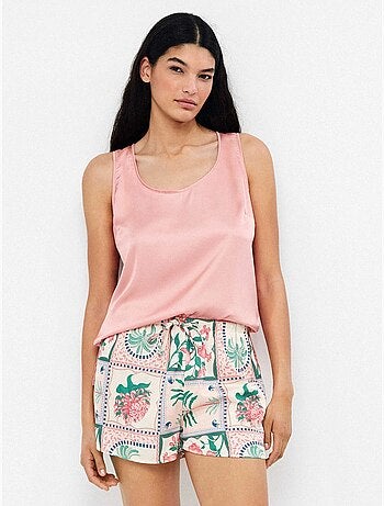 Short en satin imprimé mosaïque florale tropicale