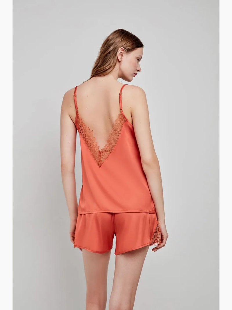 Short en tissu satiné et détails en dentelle Terracotta - Kiabi