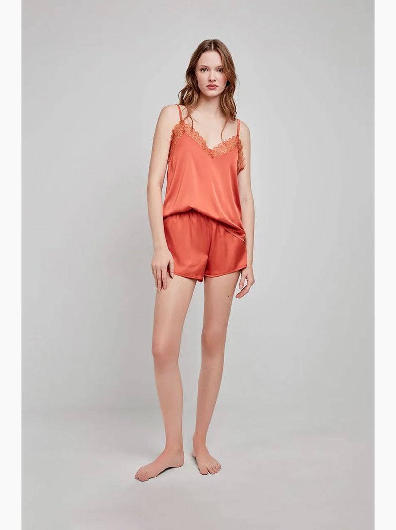 Short en tissu satiné et détails en dentelle Terracotta - Kiabi