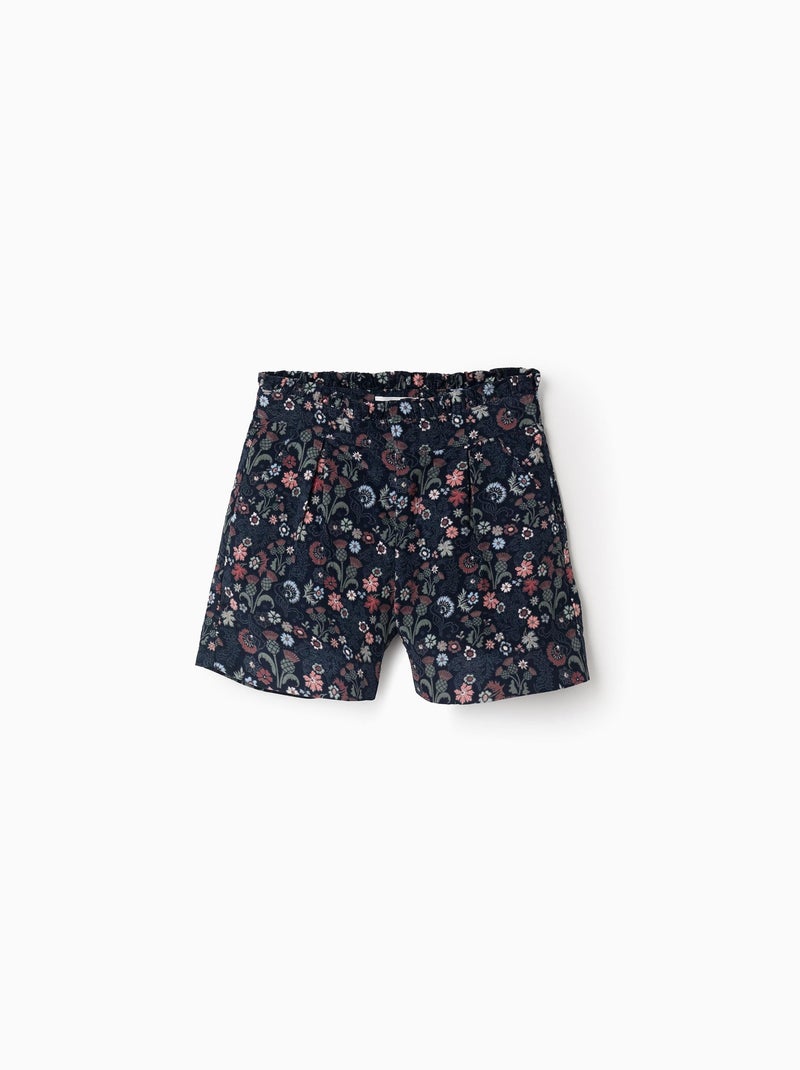 Short en Velours Côtelé à Motif Floral Bleu foncé - Kiabi