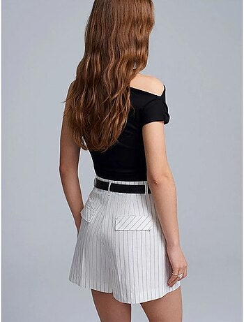 Short Femme À Taille Haute, Rayé Et Ceinturé