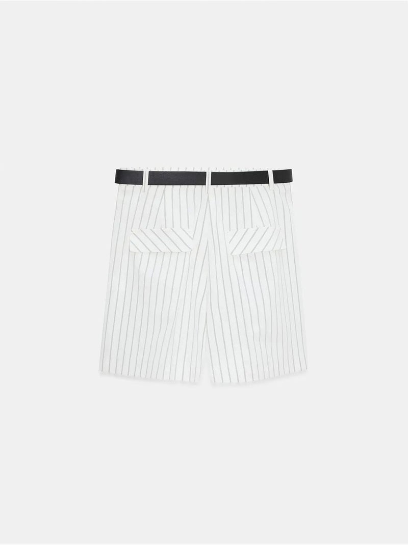 Short Femme À Taille Haute, Rayé Et Ceinturé Blanc - Kiabi