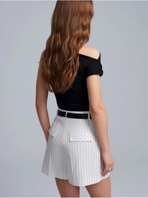 Short Femme À Taille Haute, Rayé Et Ceinturé - Kiabi