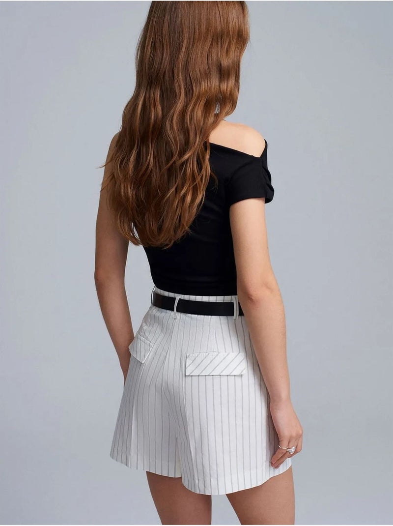 Short Femme À Taille Haute, Rayé Et Ceinturé Blanc - Kiabi