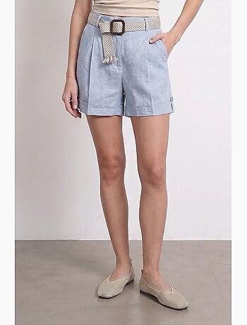 Short femme en lin, taille haute, avec ceinture dilvin
