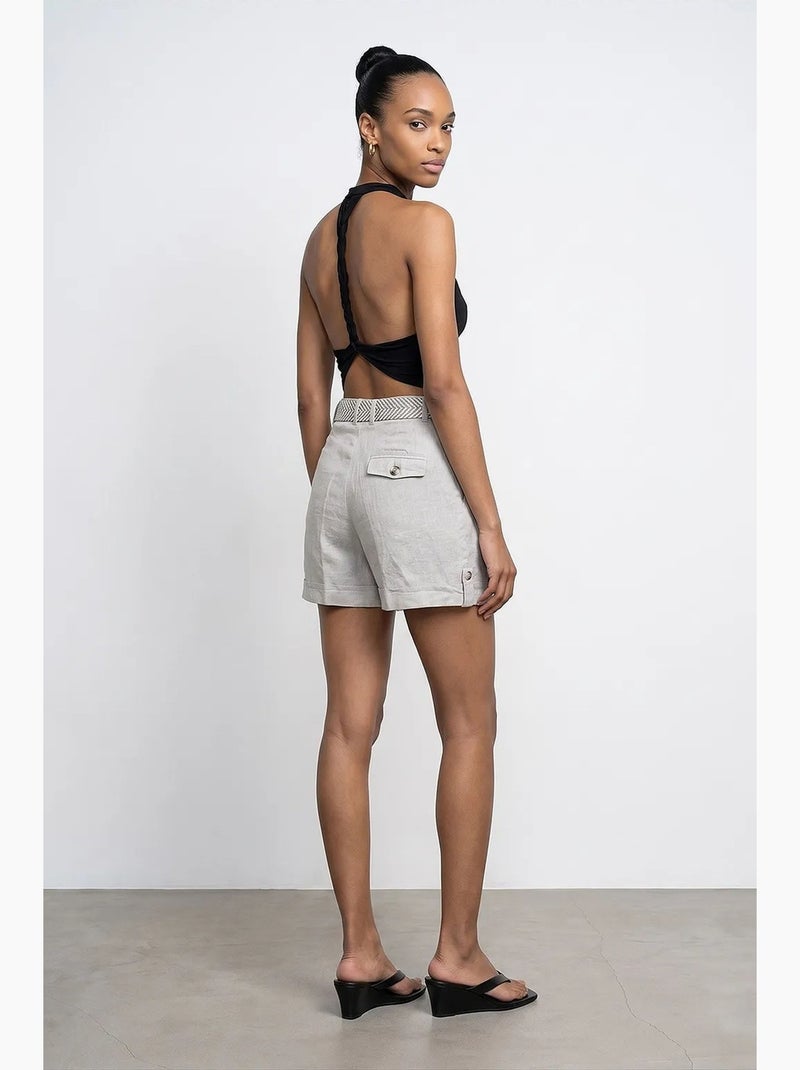 Short femme en lin, taille haute, avec ceinture dilvin Gris clair - Kiabi