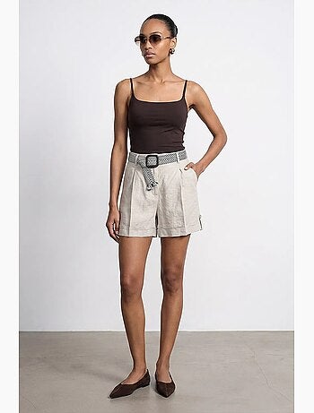 Short femme en lin, taille haute, avec ceinture dilvin