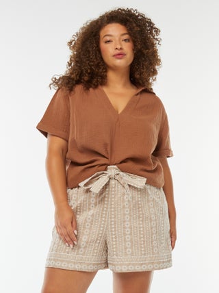 Short large à motifs brodés avec ceinture intégrée
