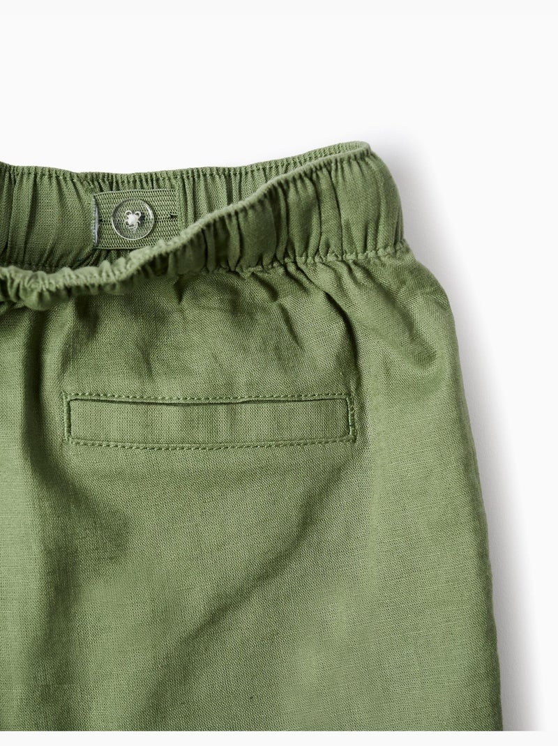 Short midi en lin et coton avec cordon de serrage Vert - Kiabi