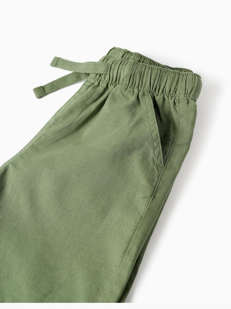 Short midi en lin et coton avec cordon de serrage Vert - Kiabi