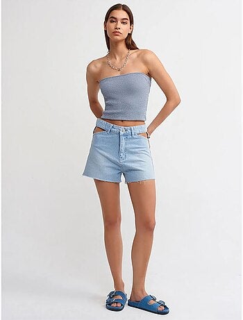 Short Mom En Denim De Coton À Taille Haute Et Découpe