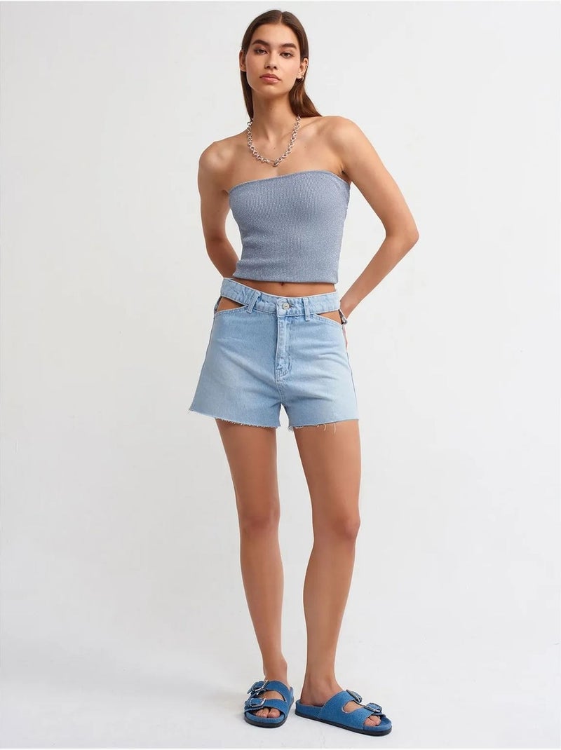 Short Mom En Denim De Coton À Taille Haute Et Découpe Bleu clair - Kiabi