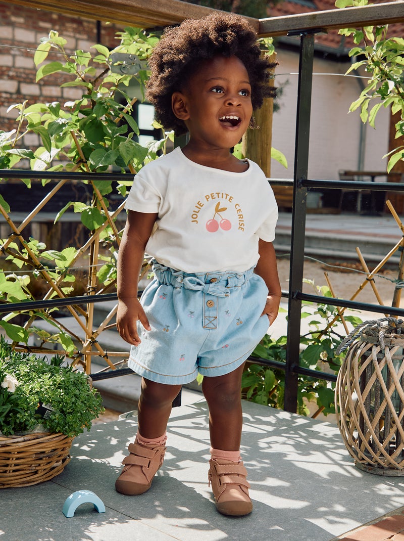 Short paperbag avec broderies et liens à nouer à la taille Bleu - Kiabi