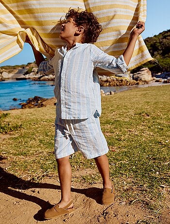Short rayé à taille élastiquée en lin et coton