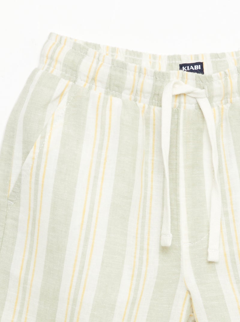 Short rayé à taille élastiquée en lin et coton Vert - Kiabi