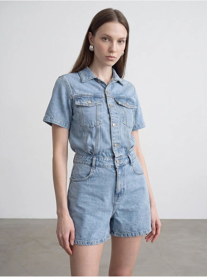 Short salopette en denim à col chemise dilvin Bleu clair - Kiabi
