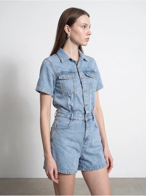 Short salopette en denim à col chemise dilvin - Kiabi