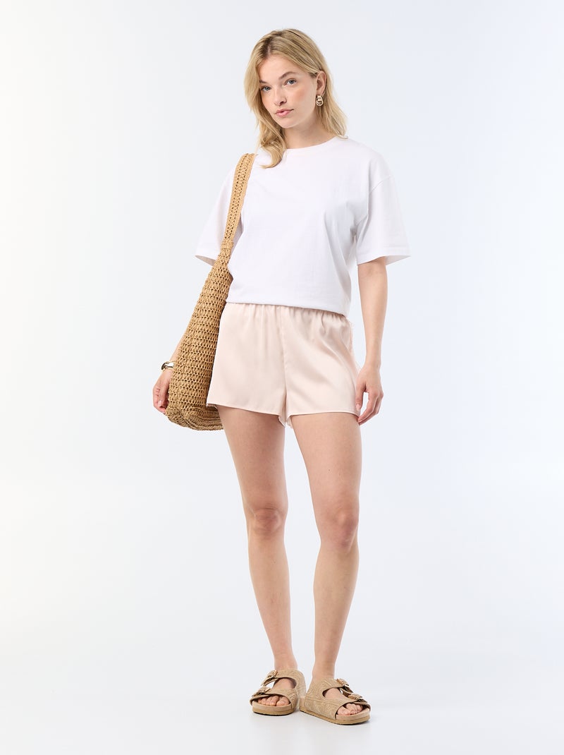 Short satiné avec bords en dentelle Rose - Kiabi