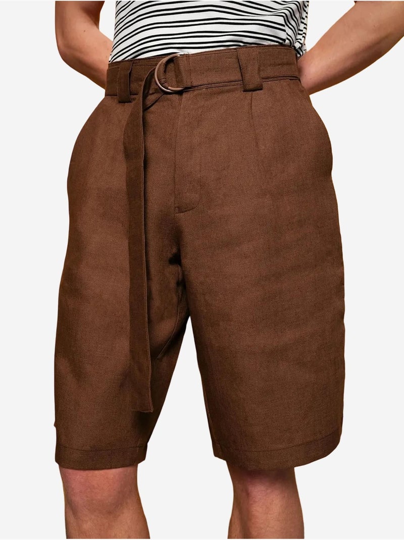 Short taille haute ceinturé en lin mélangé giesto Marron clair - Kiabi