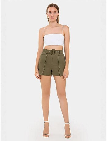 Short taille haute en coton avec poche et ceinture