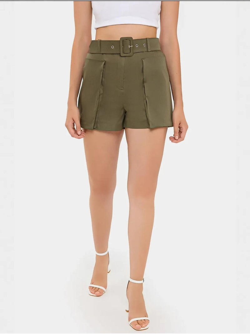 Short taille haute en coton avec poche et ceinture Vert - Kiabi