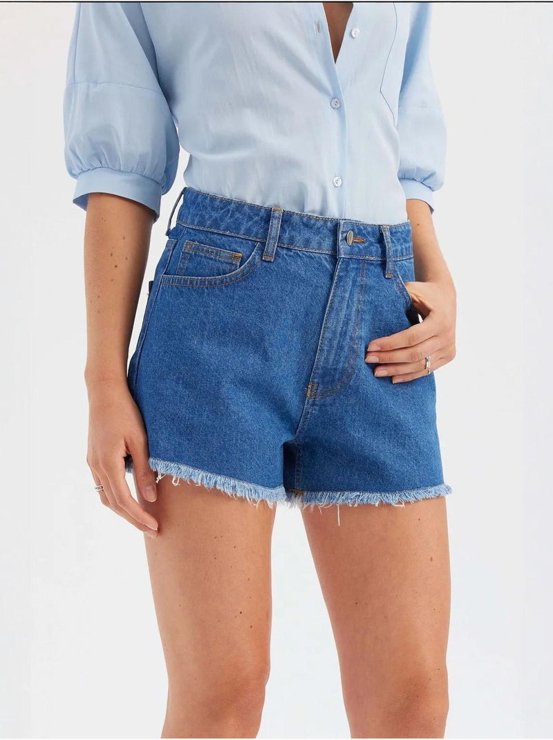 Short taille haute en denim uni Bleu - Kiabi