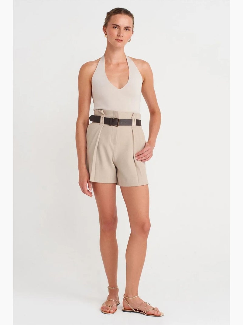 Short tailleur en crêpe avec ceinture dilvin Beige argile - Kiabi