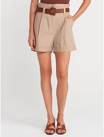 Short Tailleur En Mélange De Lin À Taille Haute Et Ceinture