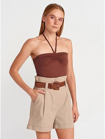 Short Tailleur En Mélange De Lin À Taille Haute Et Ceinture